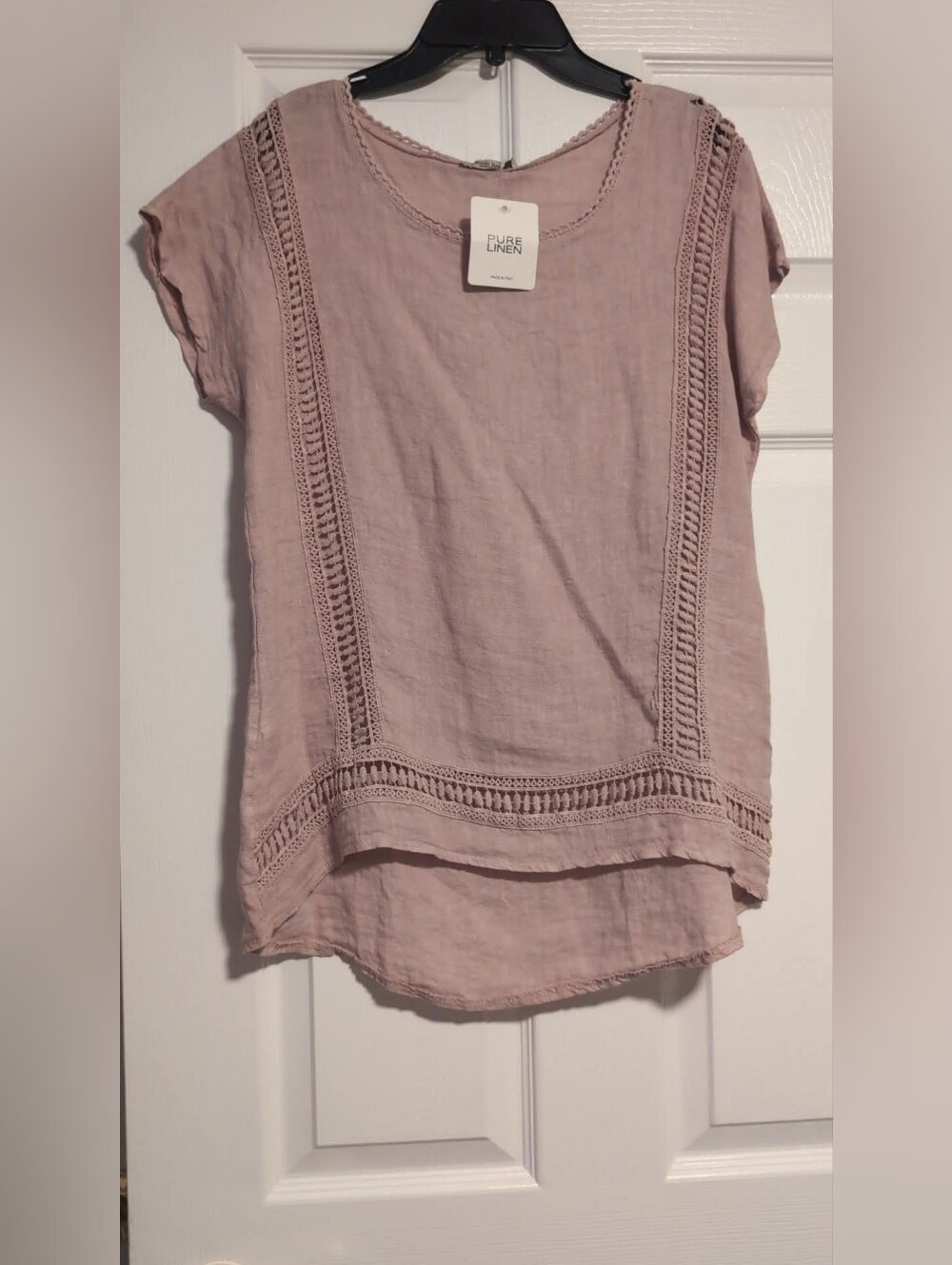 Alessia Pacini Pure Linen Crochet Lace Trim Blouse High-Low Top Made in Italy
